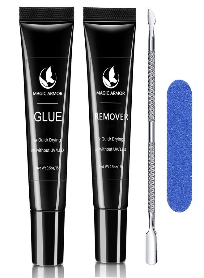 MAGIC ARMOR Nail Glue for Press Ons and 15g Remover with Cuticle Pusher Set, No UV Needed, Quick Dry Strong Semi Solid Glue for Press On, Long Lasting Adhesive for Fake Acrylic Nails - Image 1